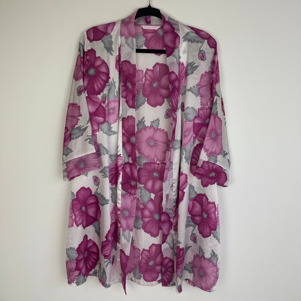 Private Lives Womens Hibiscus Flower Pink/White Kimono Satin PJ Loungewear Robe